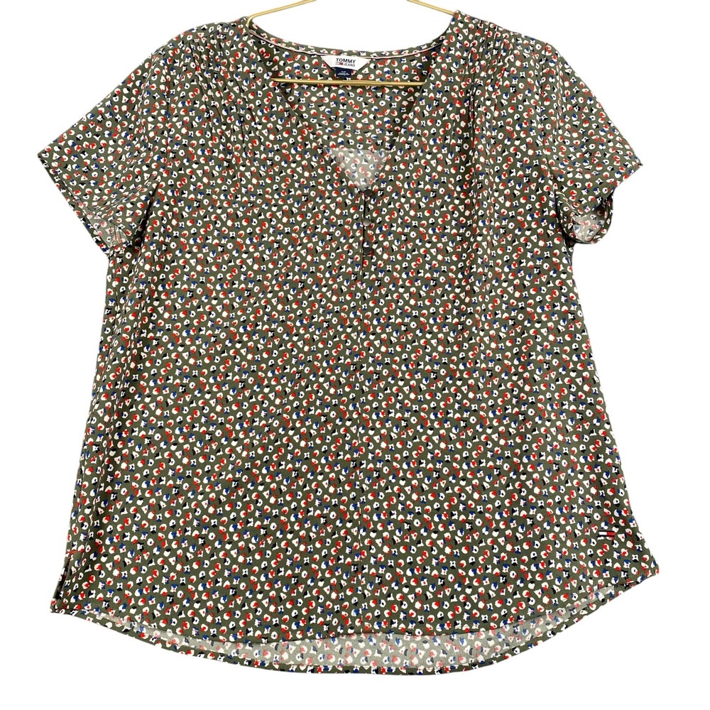 Tommy Jeans Womens Olive Green Abstract Print V-Neck Short Sleeve Blouse Size S